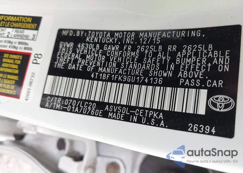 2016 Toyota Camry Xse from USA, damaged, VIN 4T1BF1FK9GU174136